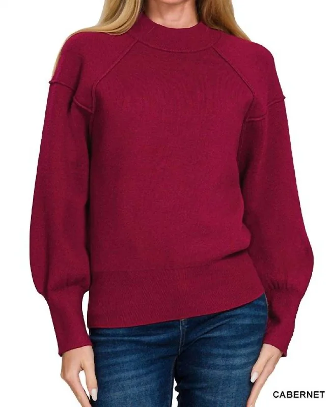 Dessert Matching Elana Mock Neck Exposed Seam Sweater In Cabernet