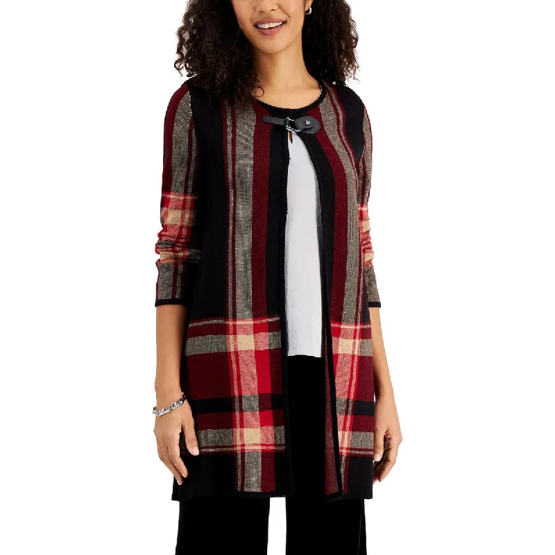 Elegant Style Kasper Womens Plaid Flyaway Cardigan Sweater