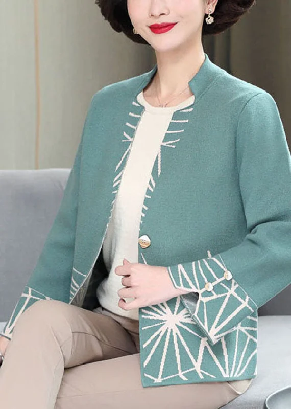 Simple Elegance Modern Green V Neck Button Knit Cardigan Long Sleeve