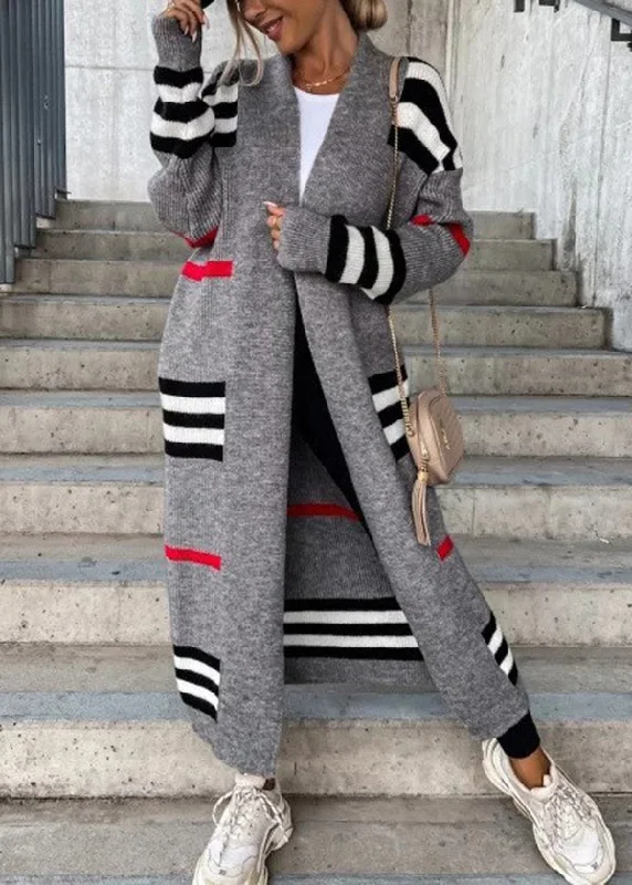 Exquisite Design Bohemian Grey V Neck Striped Knit Cardigan Fall