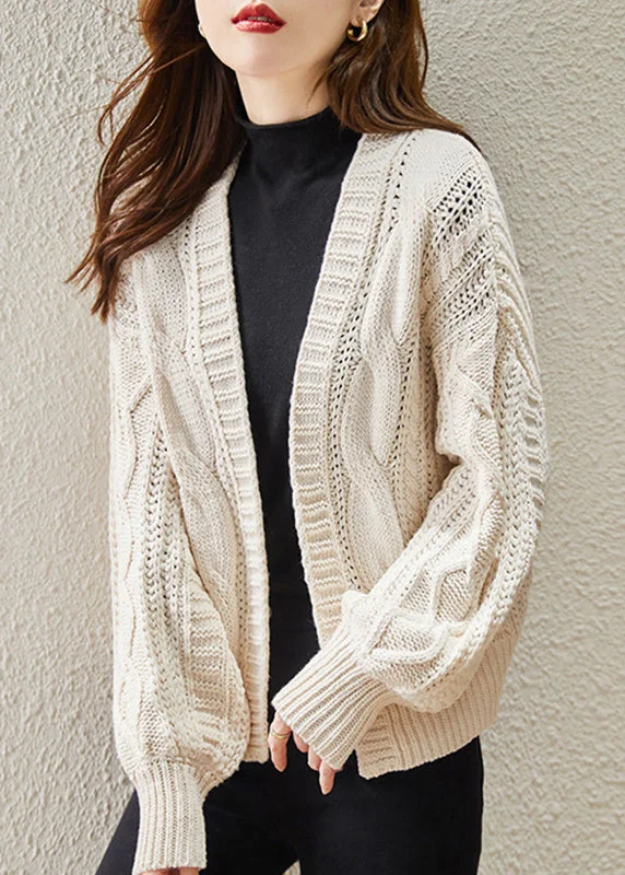 Cute Style Beige Hollow Out Knit Cardigan Oversized Spring