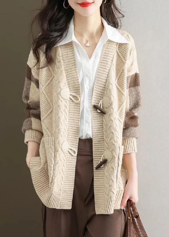 Soft Layers Chic Beige V Neck Button Patchwork Knit Cardigans Fall