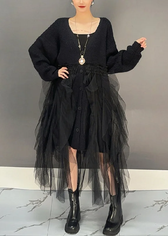 New Autumn And Winter Styles Black Button Patchwork Knit Cardigan Dresses V Neck Winter