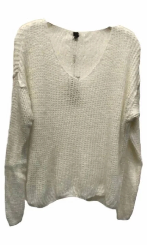 Wearable At Home Or Out Women's Lurex Ultra Soft Open Knit V Neck Top In White