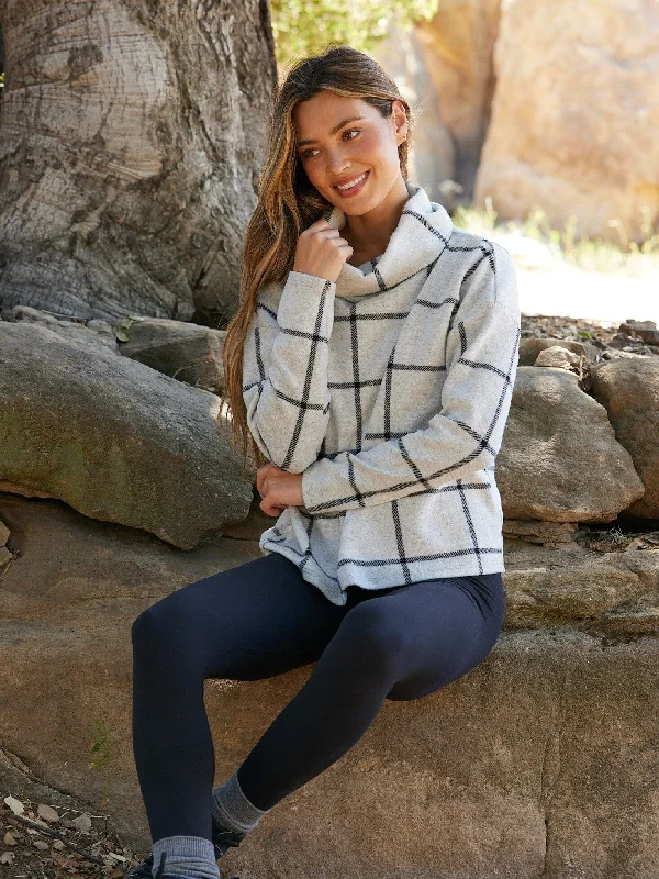 Youthful Street Fashion Loren Prairie Plaid Knit Fleece Cowl Neck Top