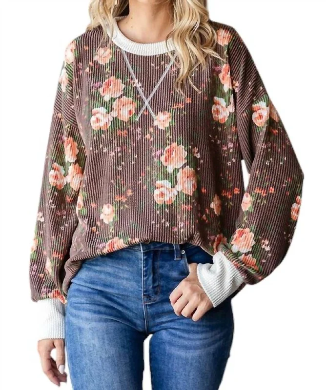 Personalized Outfit Cindy Ribbed Floral Pullover In Brown