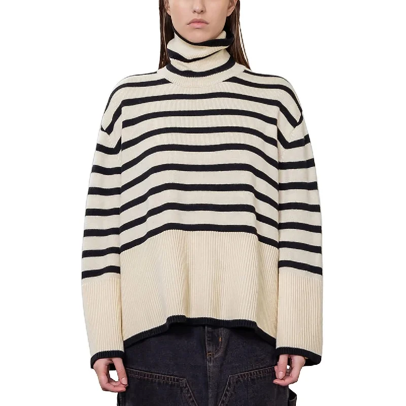 Body Design Moon River Womens Striped Ribbed Trim Turtleneck Sweater