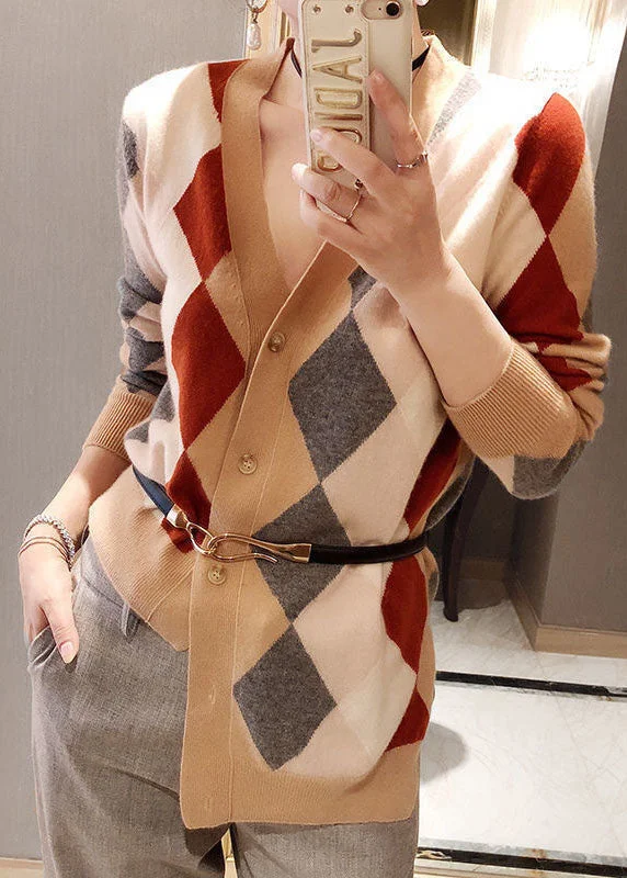 Cozy Lifestyle Fashion Khaki V Neck Asymmetrical Plaid Knit Cardigan Winter