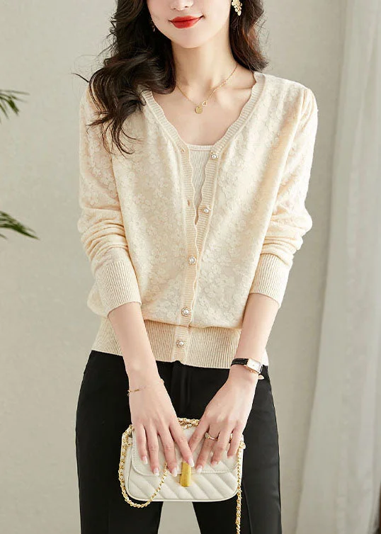 Fashion Must-have Loose Beige V Neck Knit Cardigans Long Sleeve