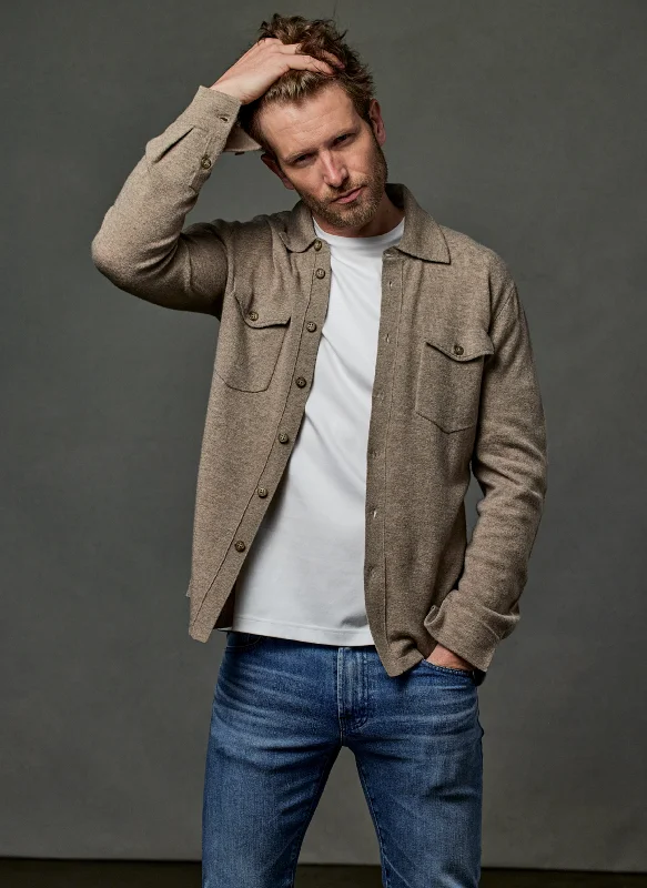 High-end Fashion Men's Bergamo Cashmere Long Sleeve Shirt Sweater With Buttons in Light Taupe