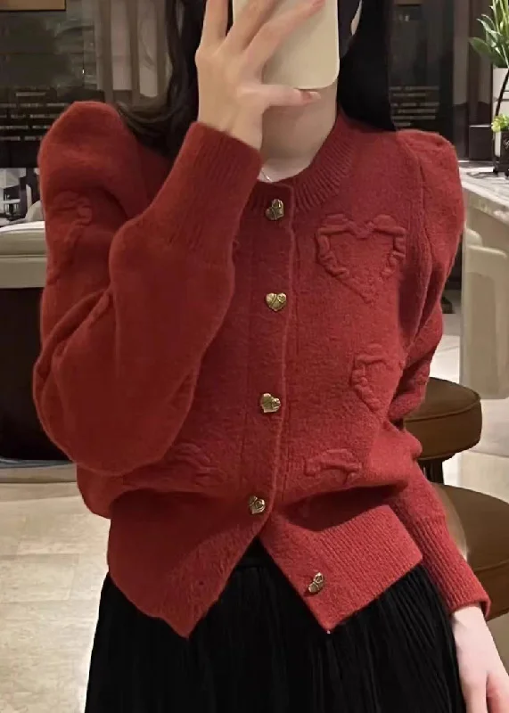 Elegant Fit Elegant Red O Neck Button Knit Cardigan Fall