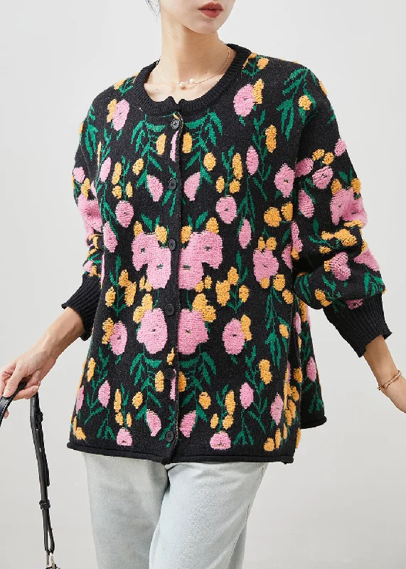 Breathable Design Black Jacquard Knit Cardigan O-Neck Winter