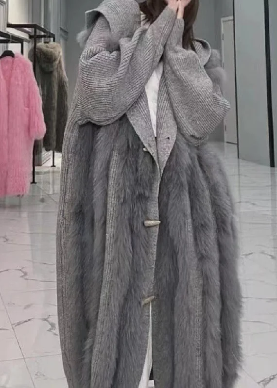 Sports Fashion Fashion Grey Hooded Fox Fur Patchwork Knit Cardigan Fall