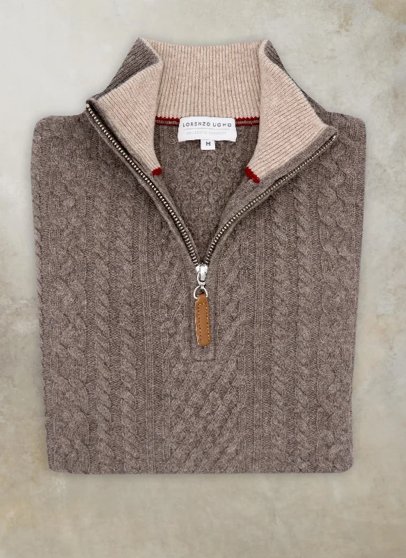 Soft Trends Men's Aalborg Cable Quarter Zip Cashmere Sweater in Light Brown Heather