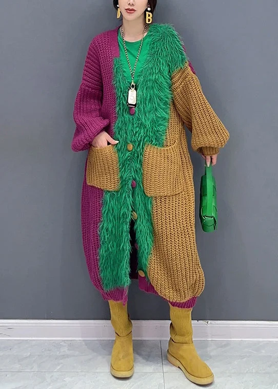 Cozy Fashion Chic Green V Neck Button Pockets Patchwork Knit Cardigan Fall