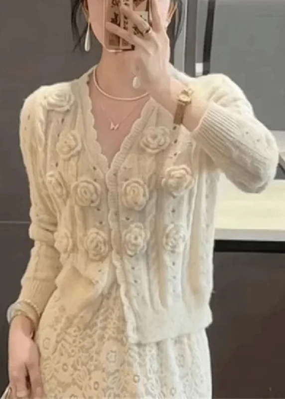 Soft Comfort Wear Floral Beige V Neck Hollow Out Knit Cardigans Winter