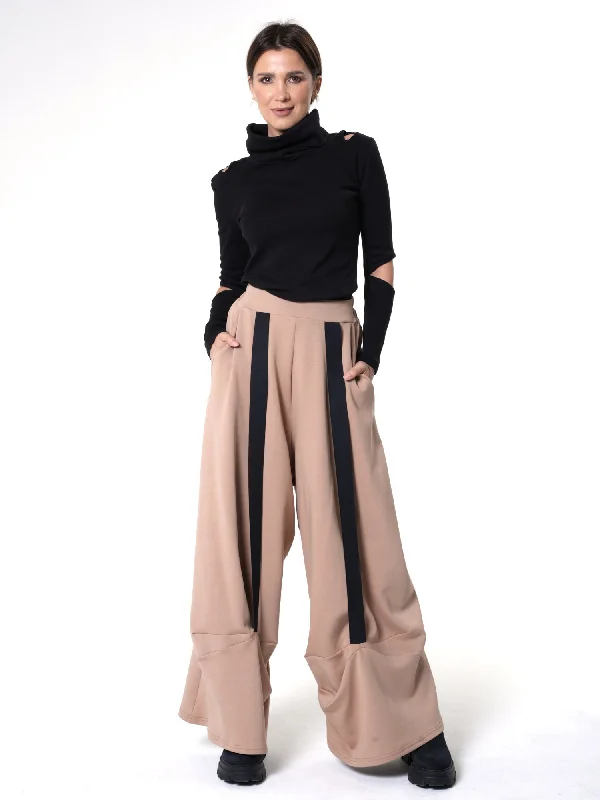 Classic Style Wide-Leg Beige Pants With Black Stripes