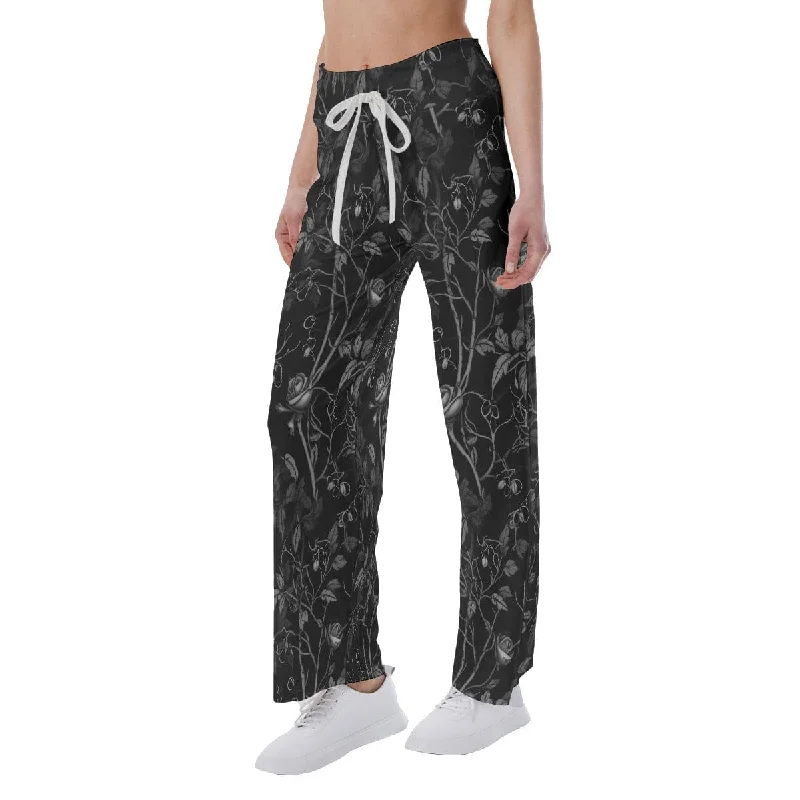 Design Perception Women's Gothic Floral Black High-waisted Straight-leg Trousers