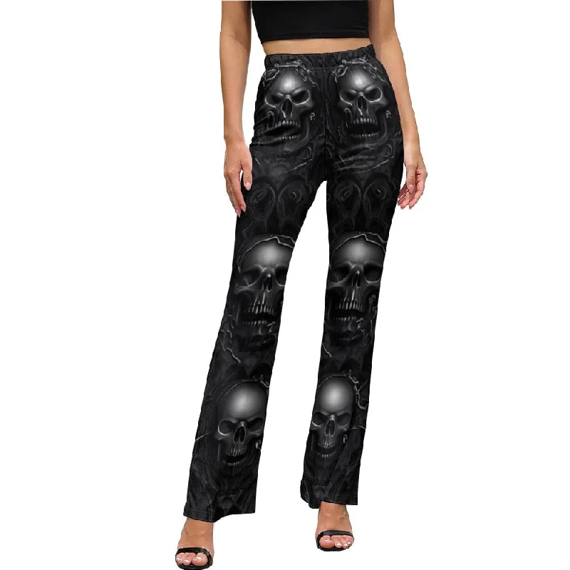 Comfortable Design Women's Black Skulls Elastic Waist Flared Pants