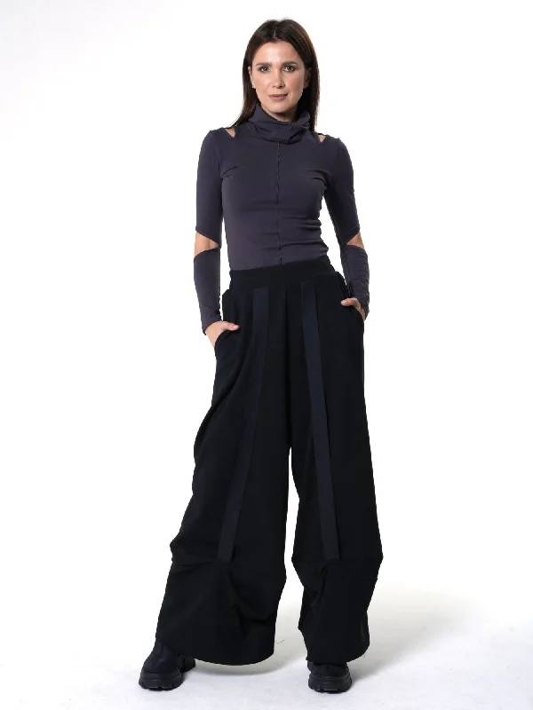 Casual Street Wide-Leg Black Pants With Stripes