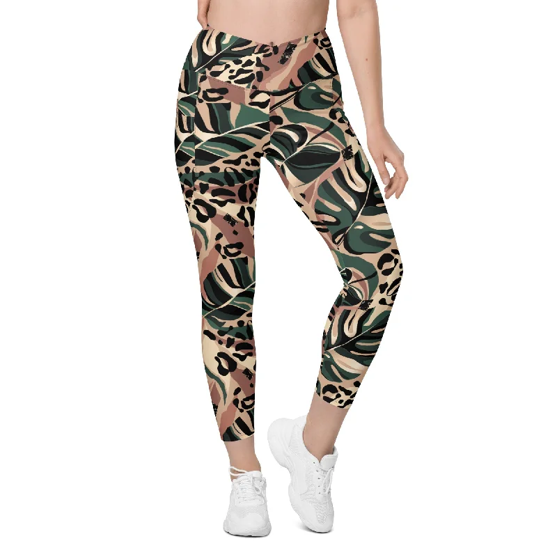 Sports Series Tropical Leopard Crossover Leggings With Pockets