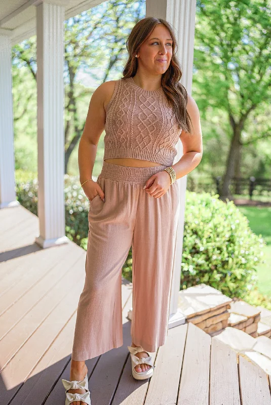Knitted Design Timeless Style Tan Linen Pants