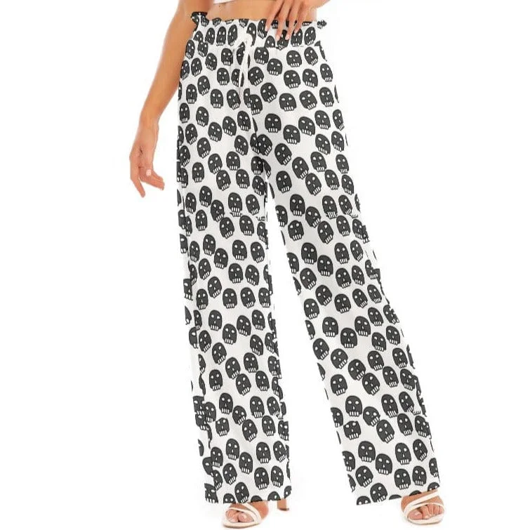 Casual And Versatile Women's Black Skulls Waist Ruffle Edge Wide-leg Pants