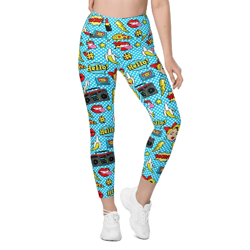 Exquisite Details Blue Pop Art Pattern Leggings With Pockets