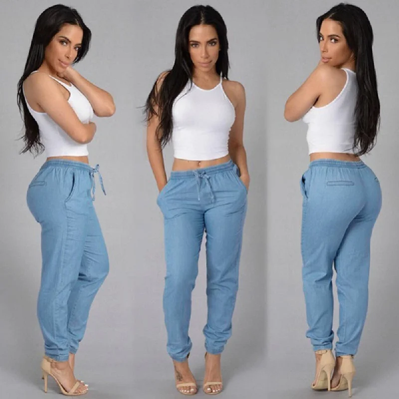 High-end Fabrics women's summer trousers Womens Elastic Waist Casual Pants High Waist Casual Blue Pants for women