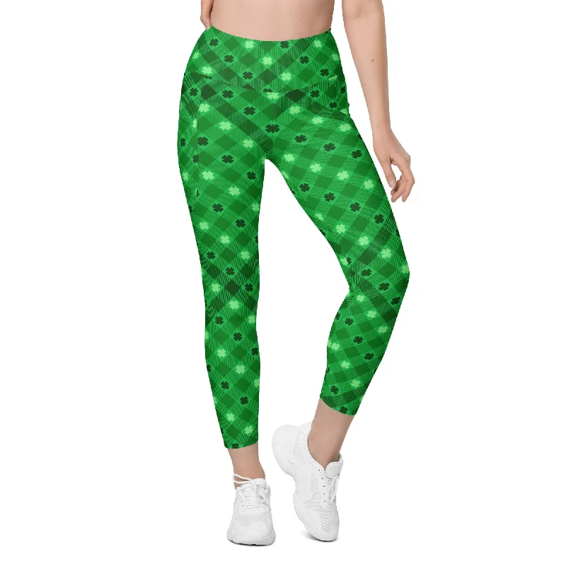 Casual Wear St. Patrick's Day Plaid Leggings With Pockets