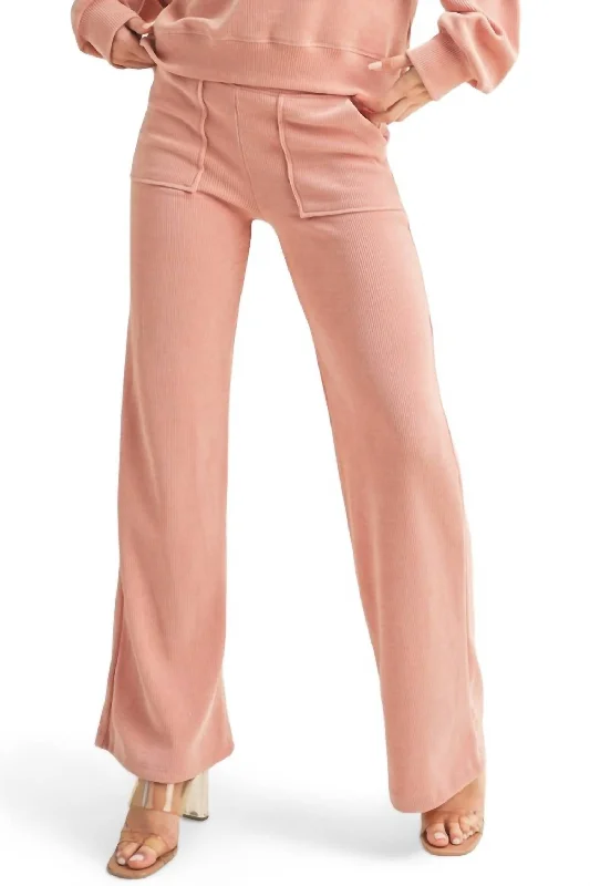 Daily Comfort Wide Leg Ribbed Pants In Dusty Rose