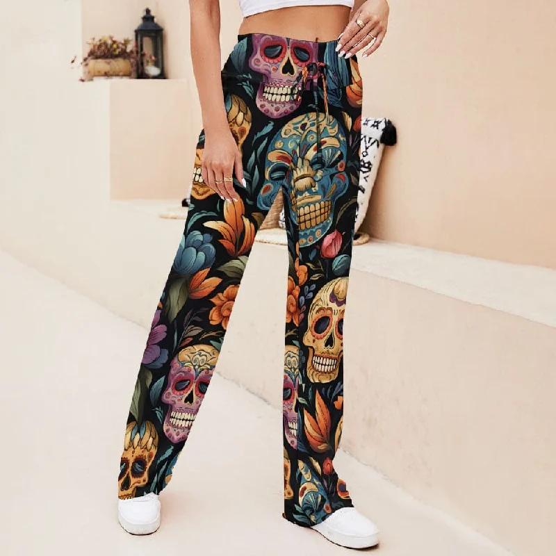 Comfortable Lounge Wear Sugar Skulls Straight Lace-Up Yoga Pants