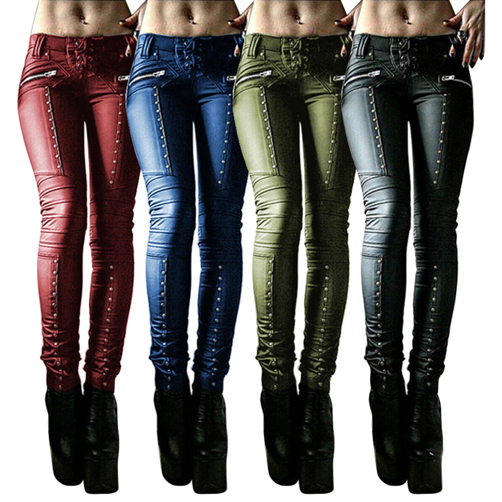 Mid-length Style Women's Retro Steampunk Rivet Zipper Lace up Gothic Pants