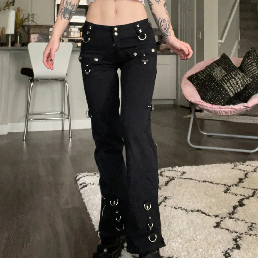 Comfortable Sweaters Women's Gothic Punk Black Cargo Jeans