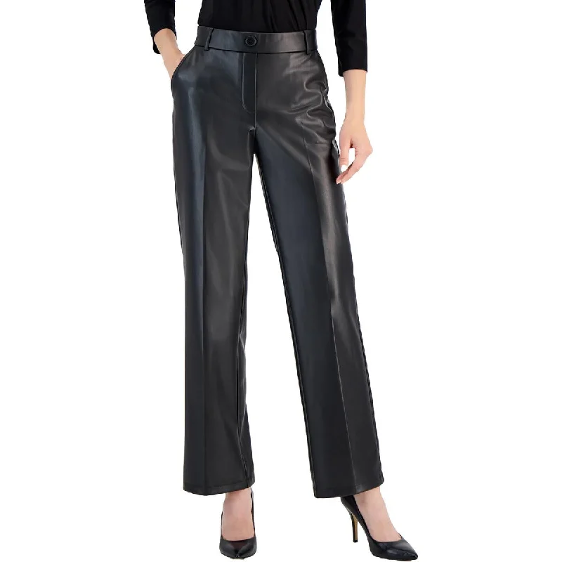 Trendy Layers Kasper Womens Petites High Rise Faux Leather Wide Leg Pants