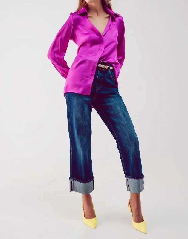 Stylish Comfort Straight Leg Cuffed Jeans In Mid Wash