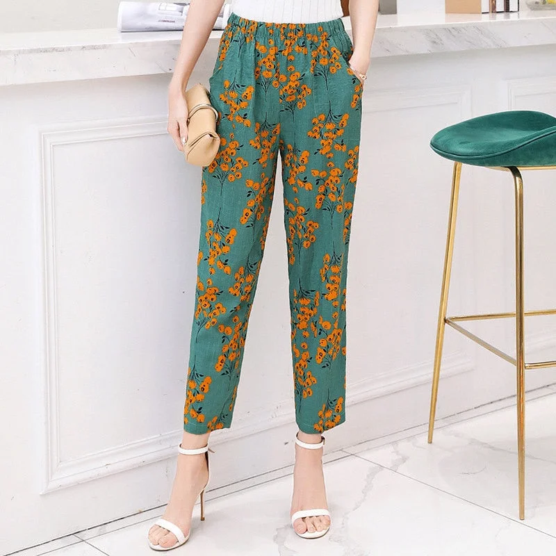 Wandering freely 2019 Summer Women Pants Korean Cotton Linen Elastic Waist Plaid Pants Casual Straight High Waist Pants Trousers Plus Size XL-5XL