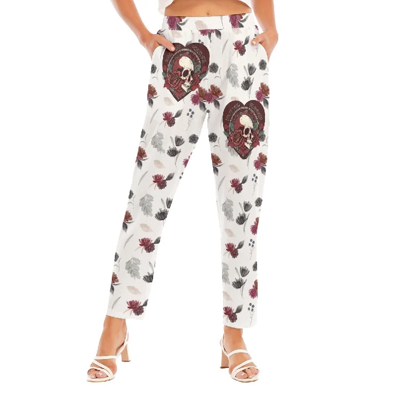 Nightclub Style Women's Skull Heart Red Roses Loose Straight-leg Pants