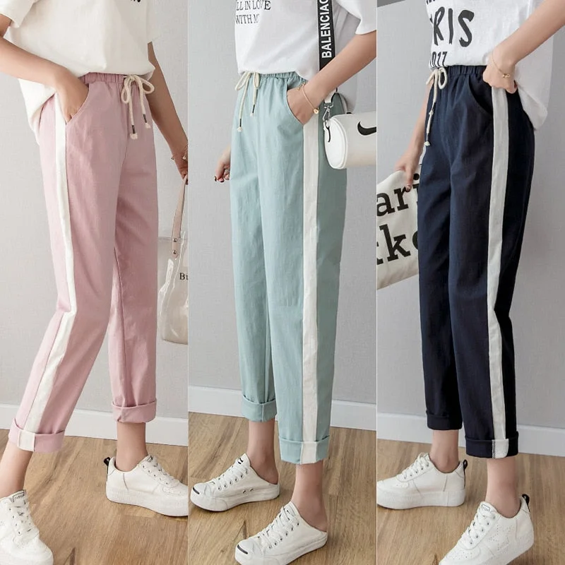 Trendy Items Pencil Casual Women's Pants New Fashion Cotton Linen Length Women High Waist Pants Spring Summer Sports Striped Women's Trousers