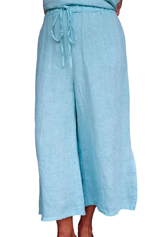 Exquisite Tailoring Side Slit Crop Wide Leg Linen Pants In Tiffany Blue