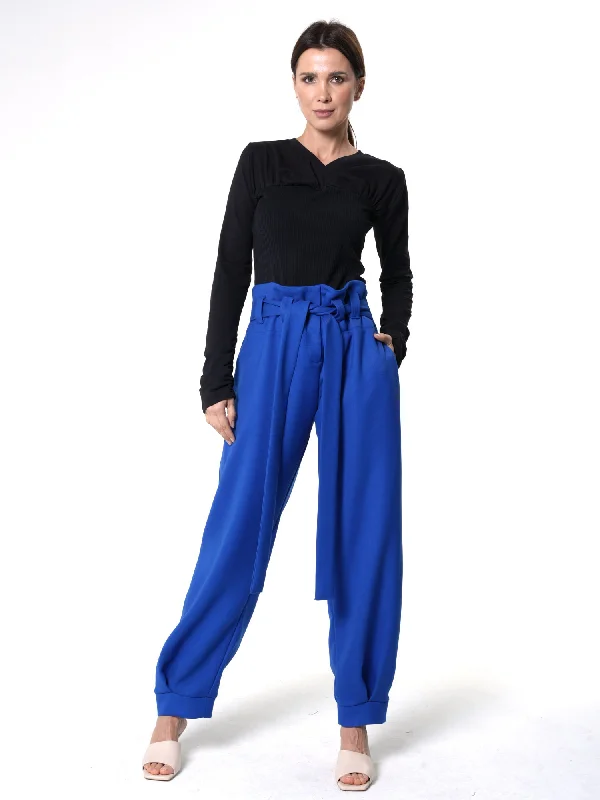 Hooded design High-Waisted Paperbag Pants in Royal Blue