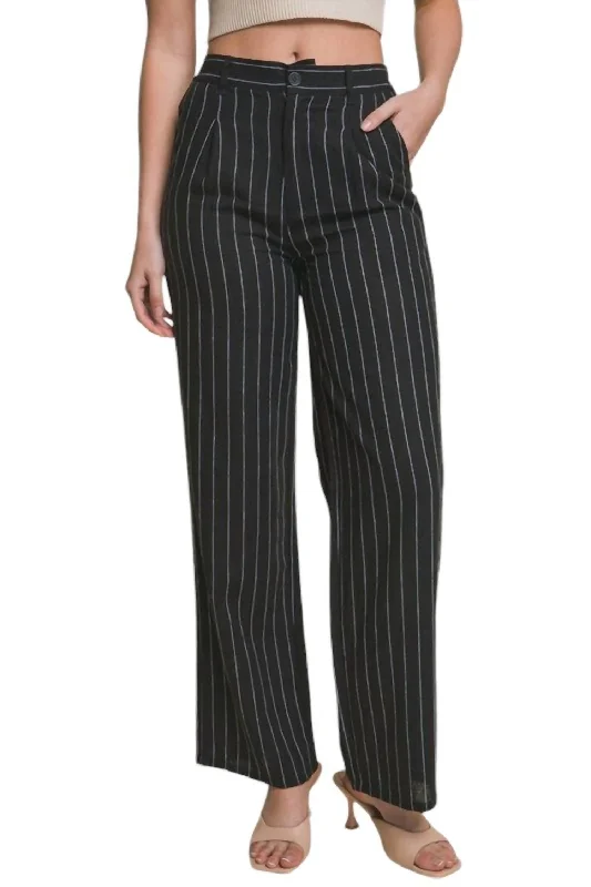 Cool Style Cotton Linen Straight Pants In Black/white Stripe