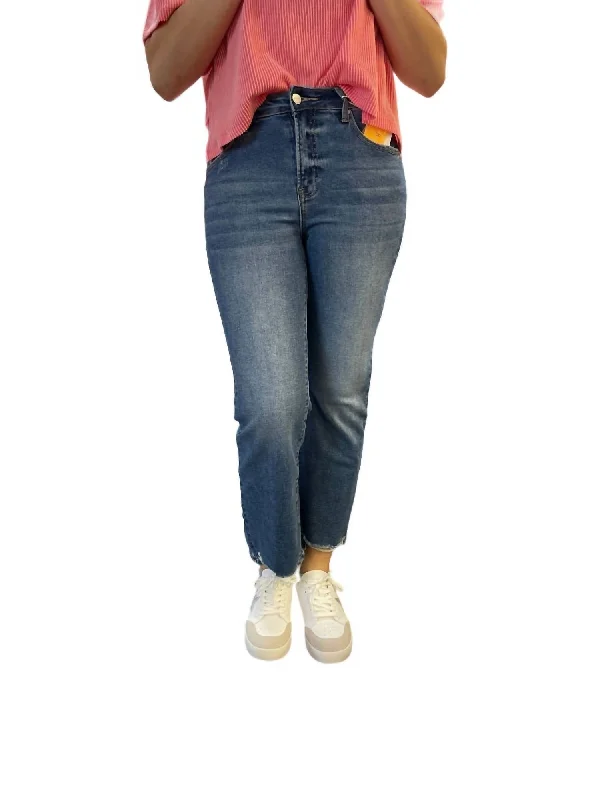 Printed Patterns High Rise Relaxed Straight Jeans In Dark Wash