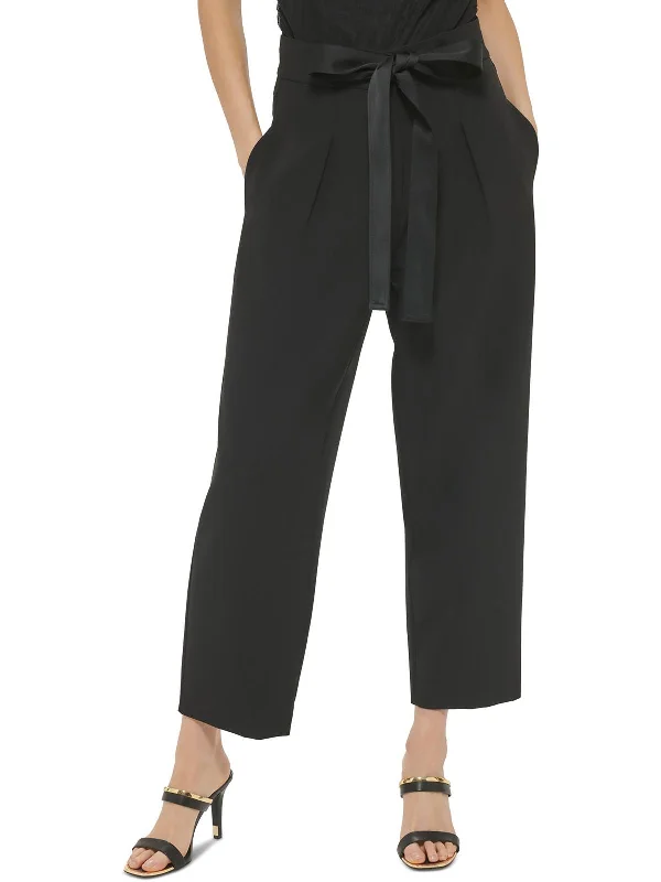Simple Solid Color Womens Belted Twill Dress Pants