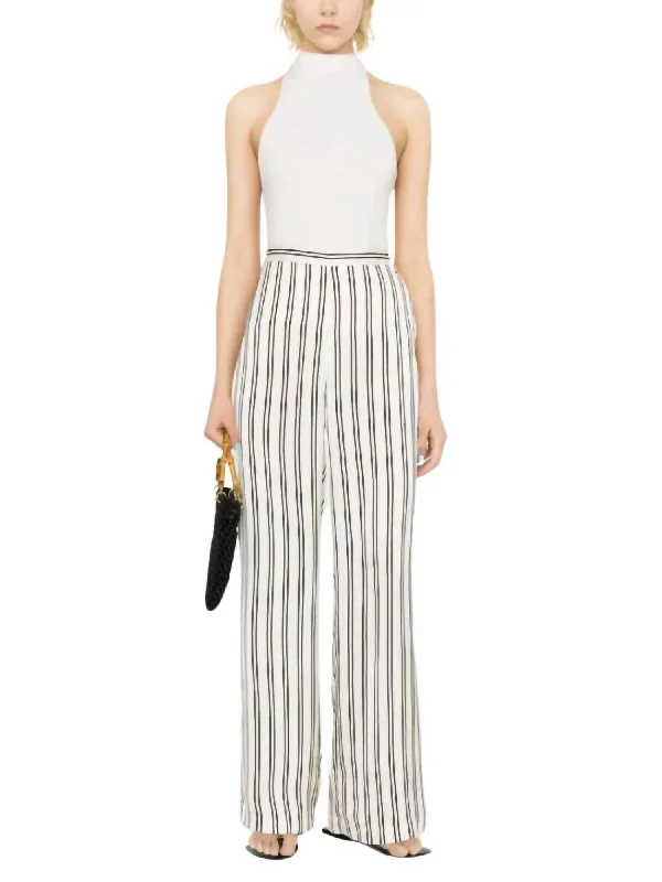 Luxury Classic Striped Satin Wide Leg Pant In Black Cream Stripe