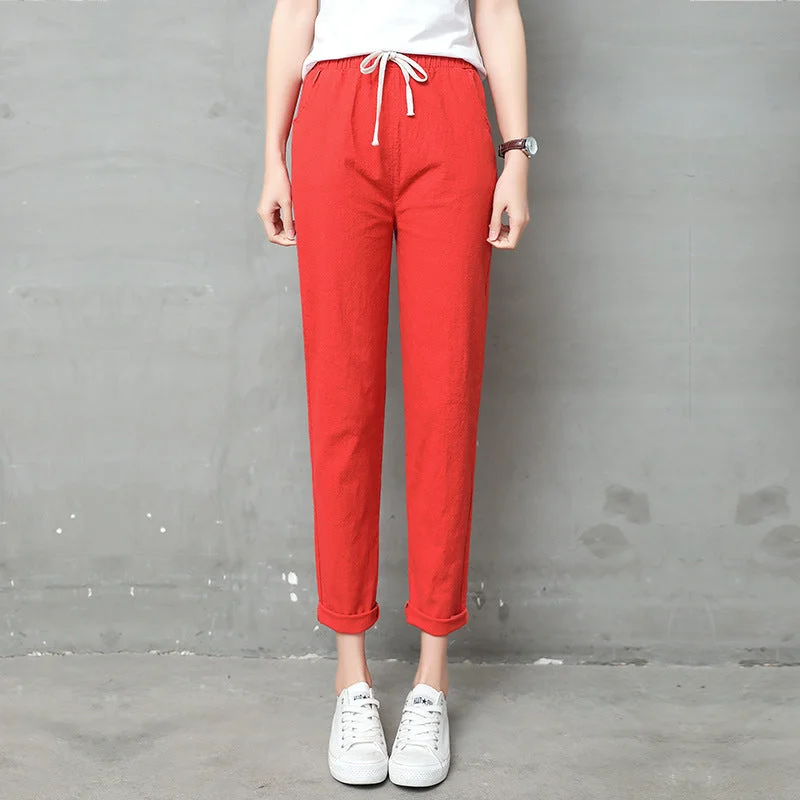 Cozy Fashions Women Pencil Pants Casual Harajuku Ankle Length Trousers Summer Autumn Plus Size Solid Elastic Waist Cotton Linen Pants Black