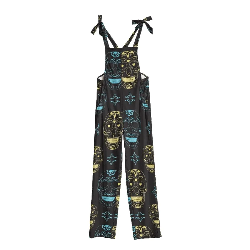 Floral Prints Women's Sugar Skulls Tie Shoulders Jumpsuit