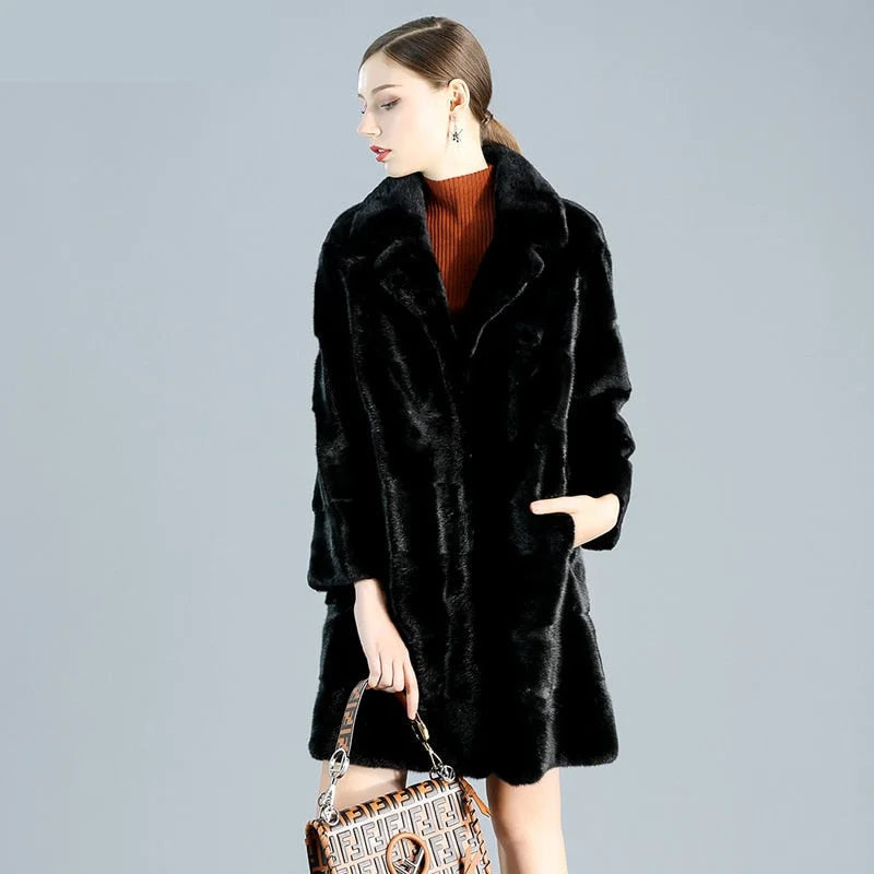 Urban Style Women's Winter Natural Mink Fur Casual Leisure Style Long Slim Jacket