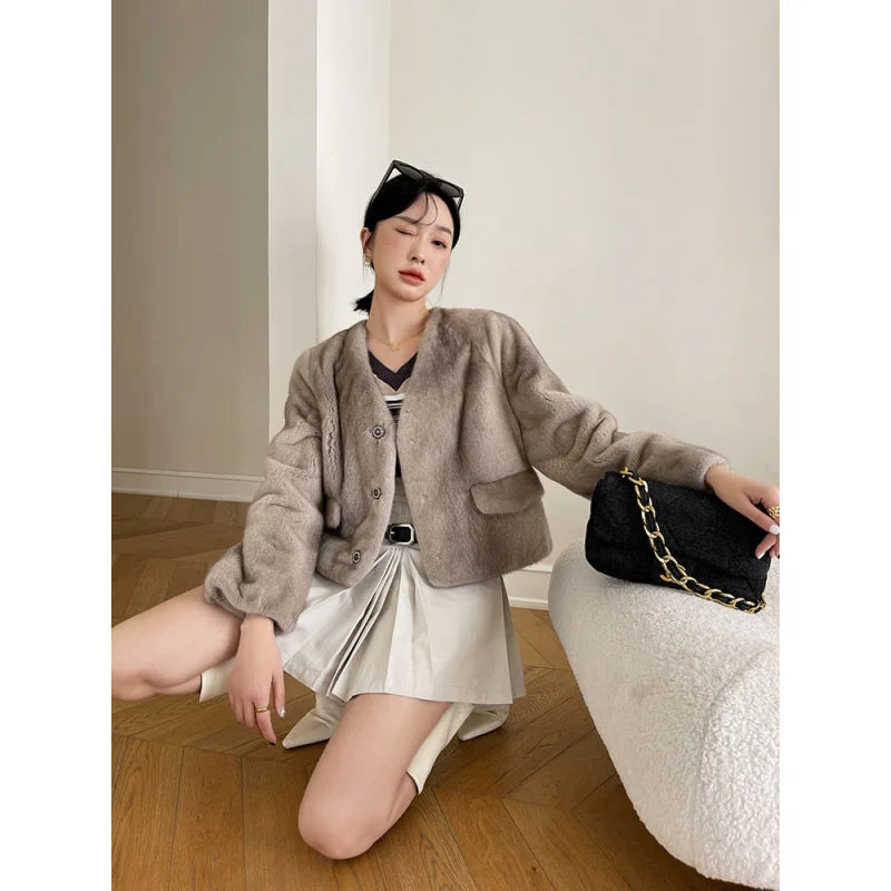 Elegant Design Women's Solid Pattern Warm Natural Mink Fur Slim Winter Jacket Outwear