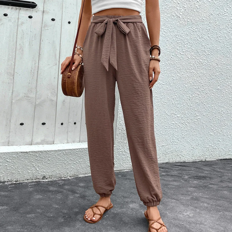 Chic Outfits Lace-up Trousers European And American High Waist Casual Jogger Pants